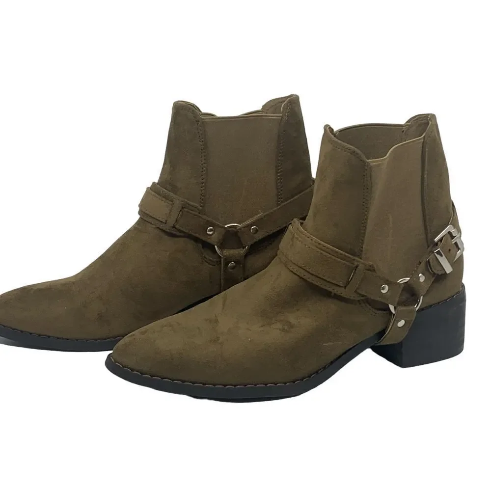 Forever 21 Women's Olive Green Suede Ankle Harness Boots Western Size 5.5 READ‎